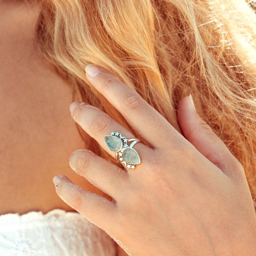 Teardrop Aquamarine Stars and Moon Ring