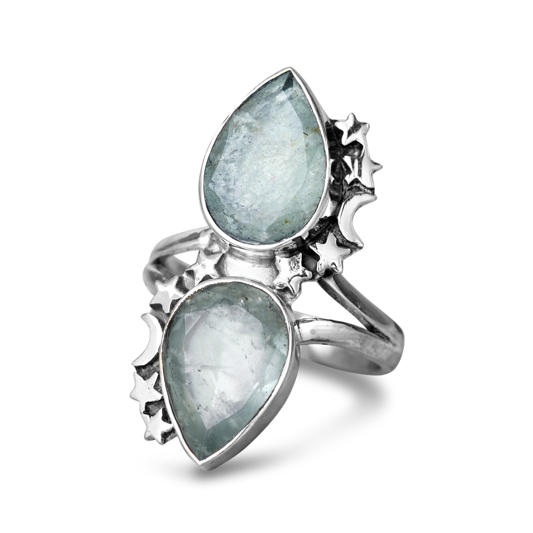 Teardrop Aquamarine Stars and Moon Ring