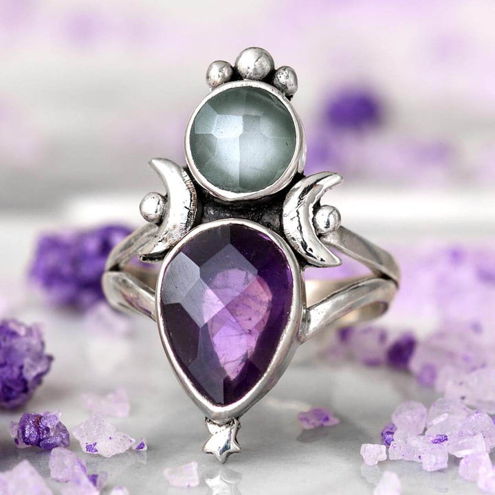 Aquamarin &amp; Amethyst Sterne und Mond Ring