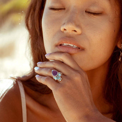 Aquamarine & Amethyst Stars and Moon Ring - Boho Magic