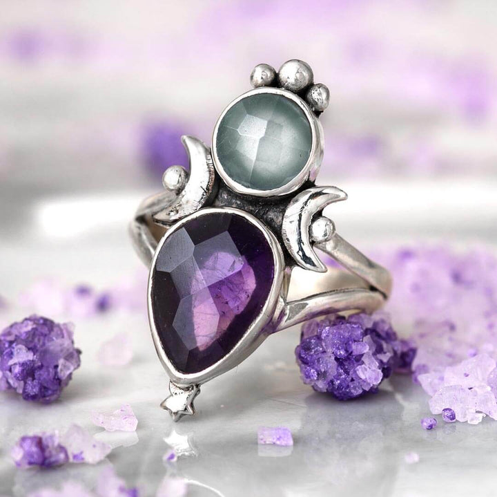 Aquamarin &amp; Amethyst Sterne und Mond Ring