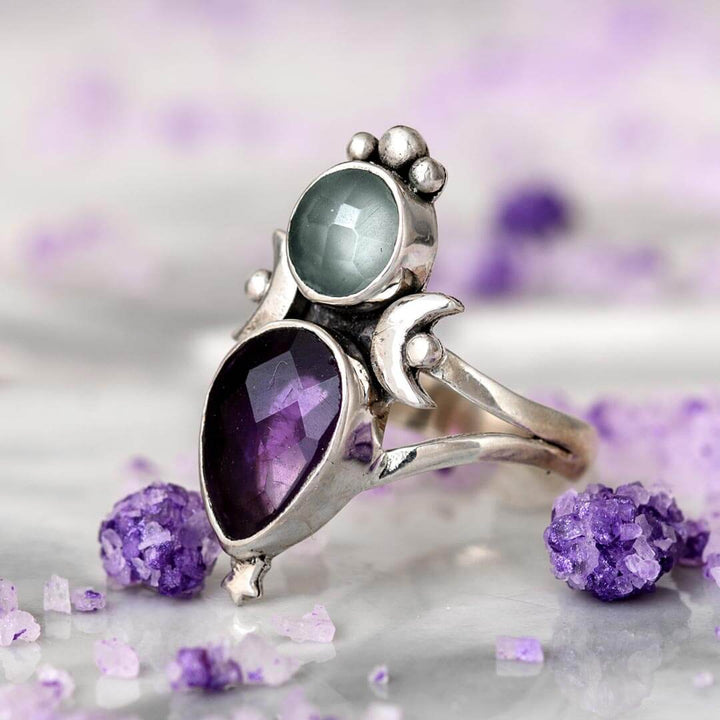 Aquamarin &amp; Amethyst Sterne und Mond Ring