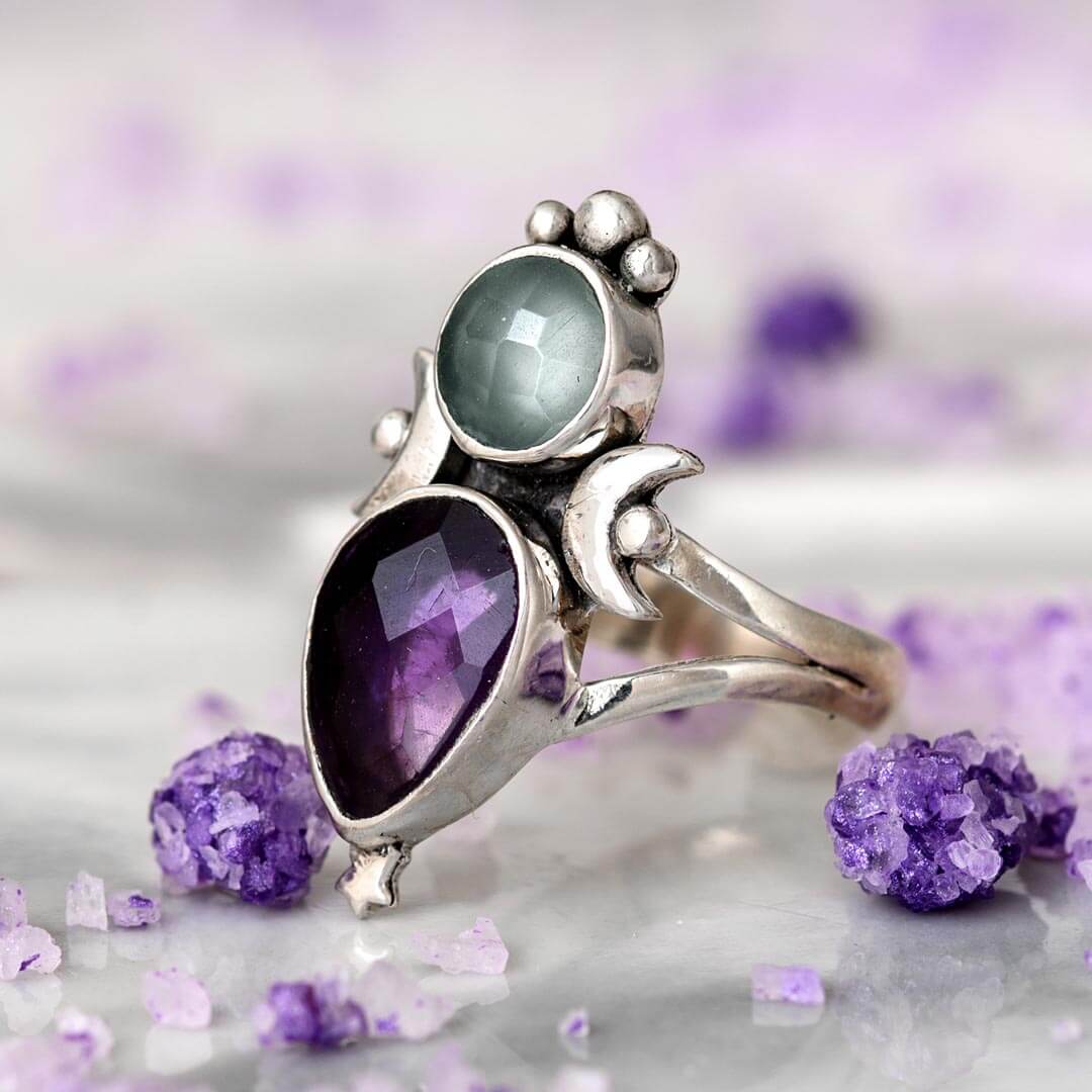 Aquamarine Amethyst Stars and Moon Ring – Boho Magic Jewelry