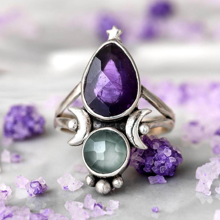 Aquamarin &amp; Amethyst Sterne und Mond Ring