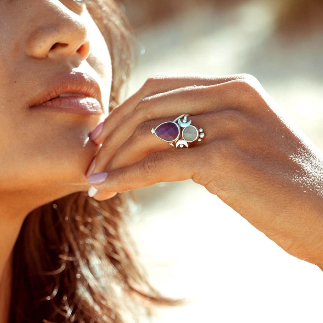 Aquamarin &amp; Amethyst Sterne und Mond Ring