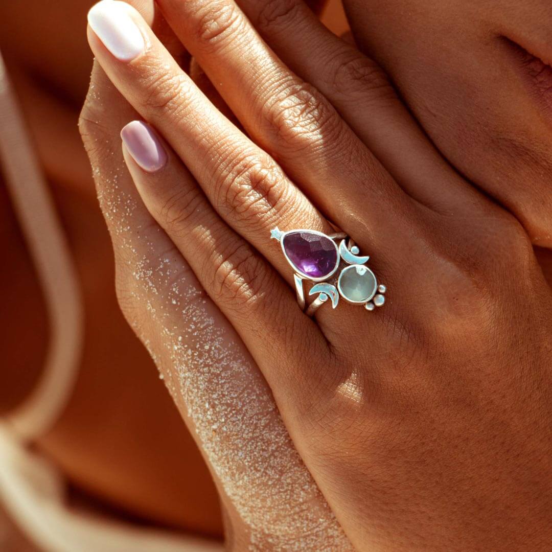 Aquamarin &amp; Amethyst Sterne und Mond Ring