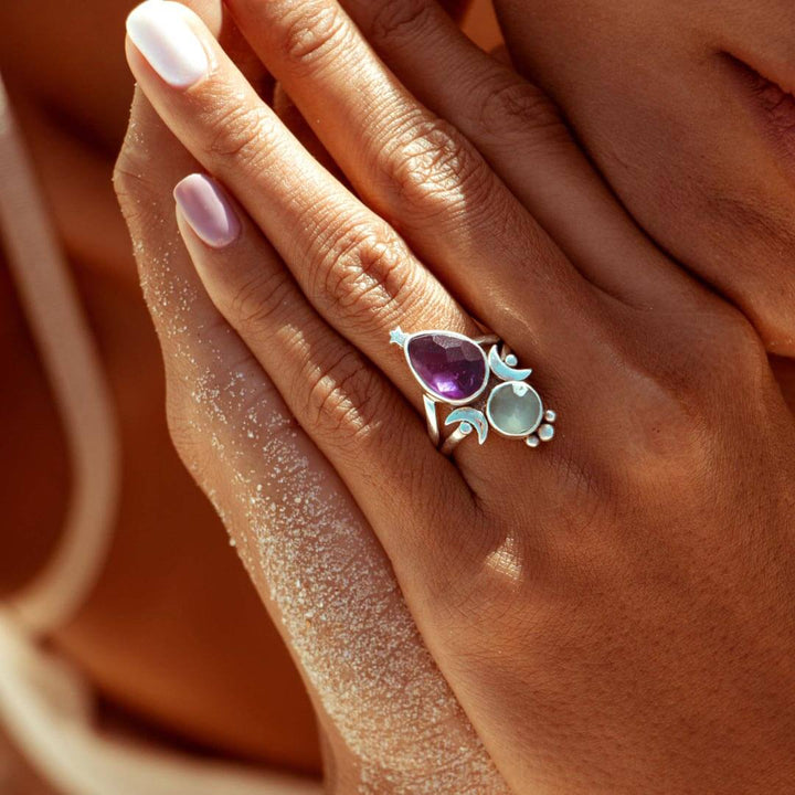 Aquamarine & Amethyst Stars and Moon Ring