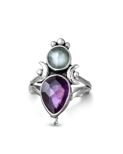 Aquamarine & Amethyst Stars and Moon Ring - Boho Magic