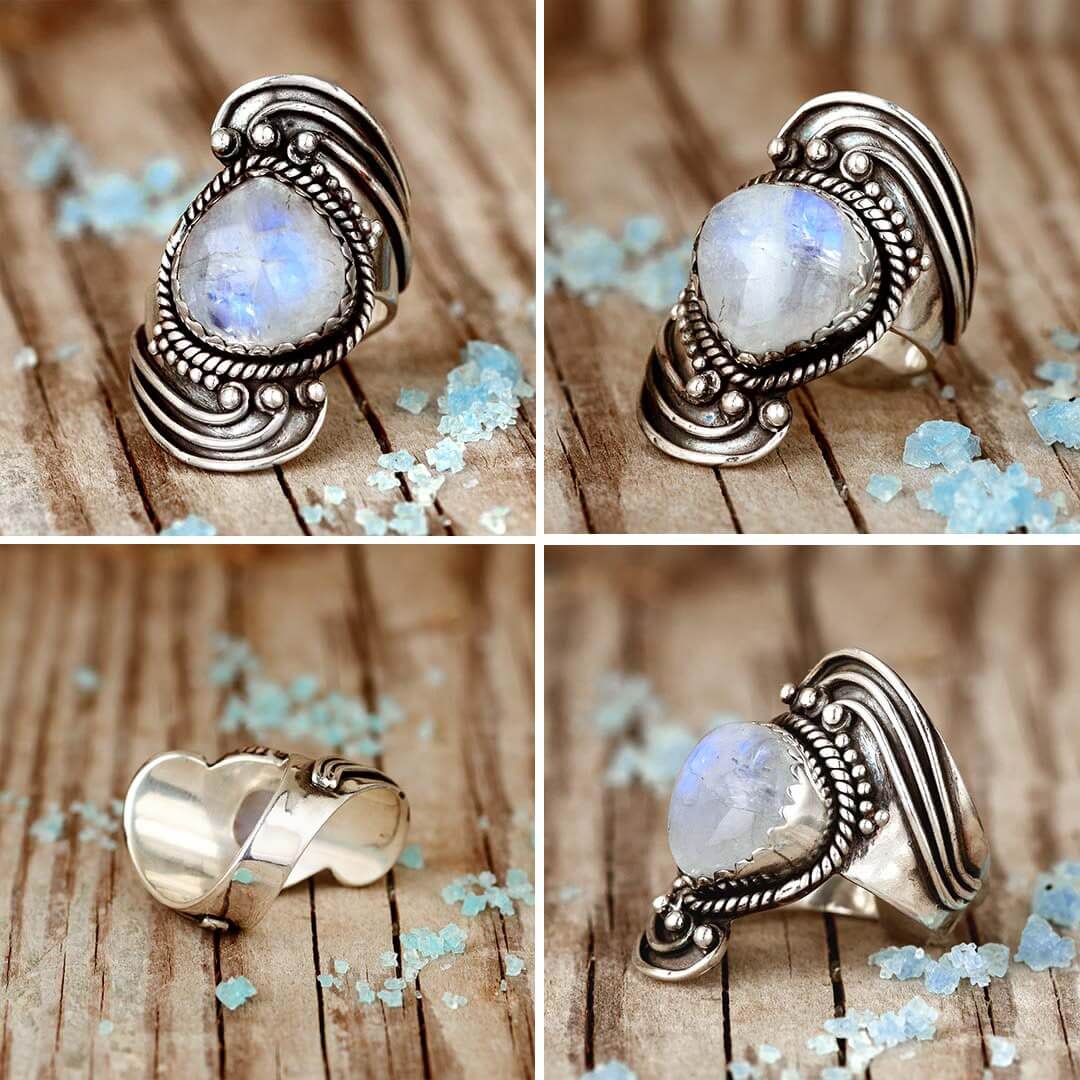 Rainbow Moonstone Teardrop with Feather factory US Size 6