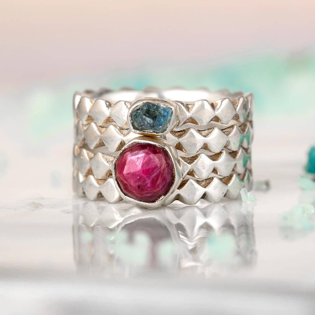 Ruby and Aquamarine Stackable Ring Set