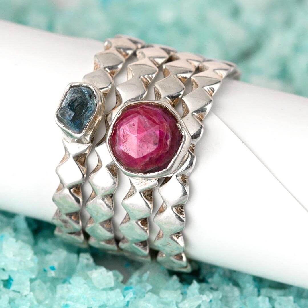 Ruby and Aquamarine Stackable Ring Set