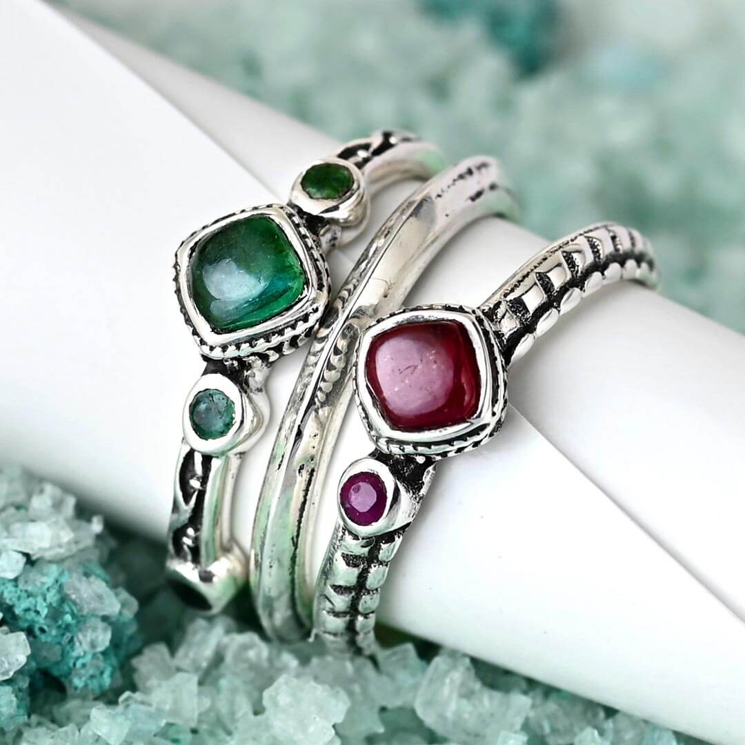 Ruby and Emerald Stackable Ring Set β Boho Magic Jewelry