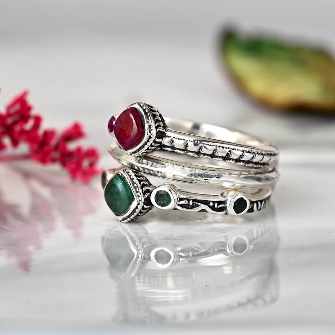 Ruby and Emerald Stackable Ring Set