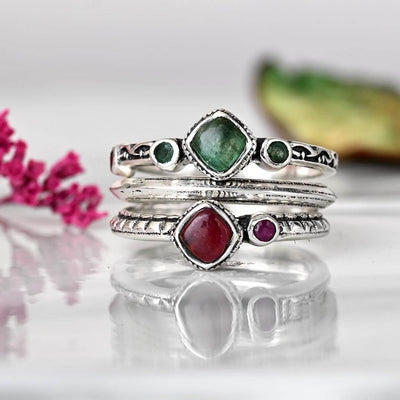 Ruby and Emerald Stackable Ring Set - Boho Magic