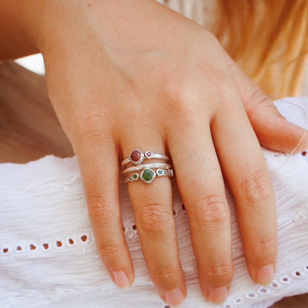 Ruby and Emerald Stackable Ring Set β Boho Magic Jewelry