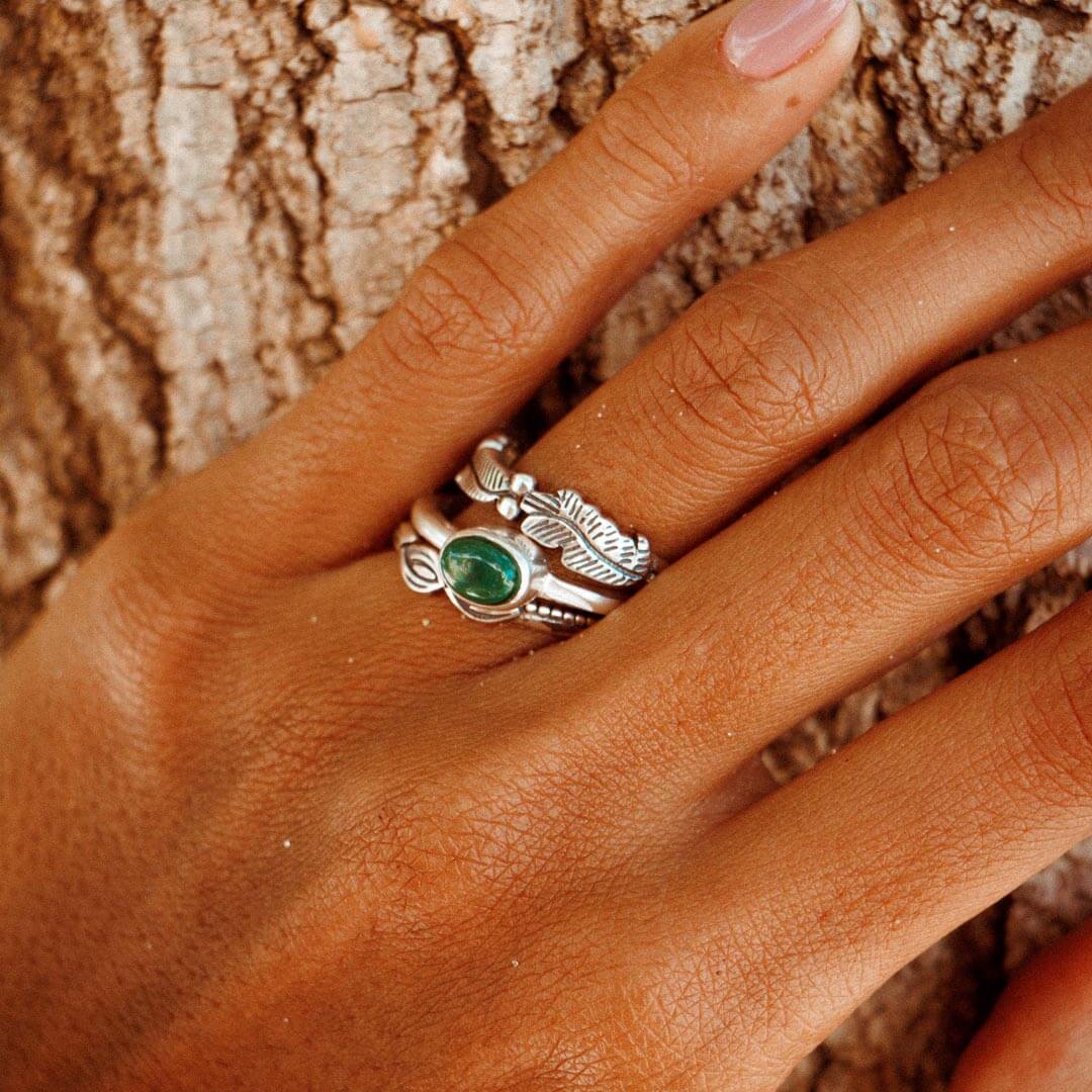 Leaves Stackable Ring Set with Malachite