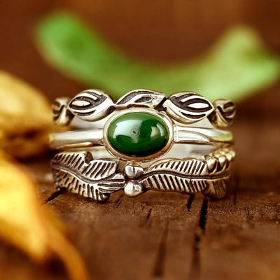 Leaves Stackable Ring Set with Malachite - Boho Magic