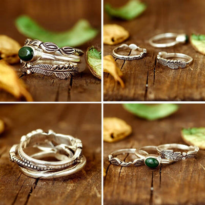 Leaves Stackable Ring Set with Malachite - Boho Magic