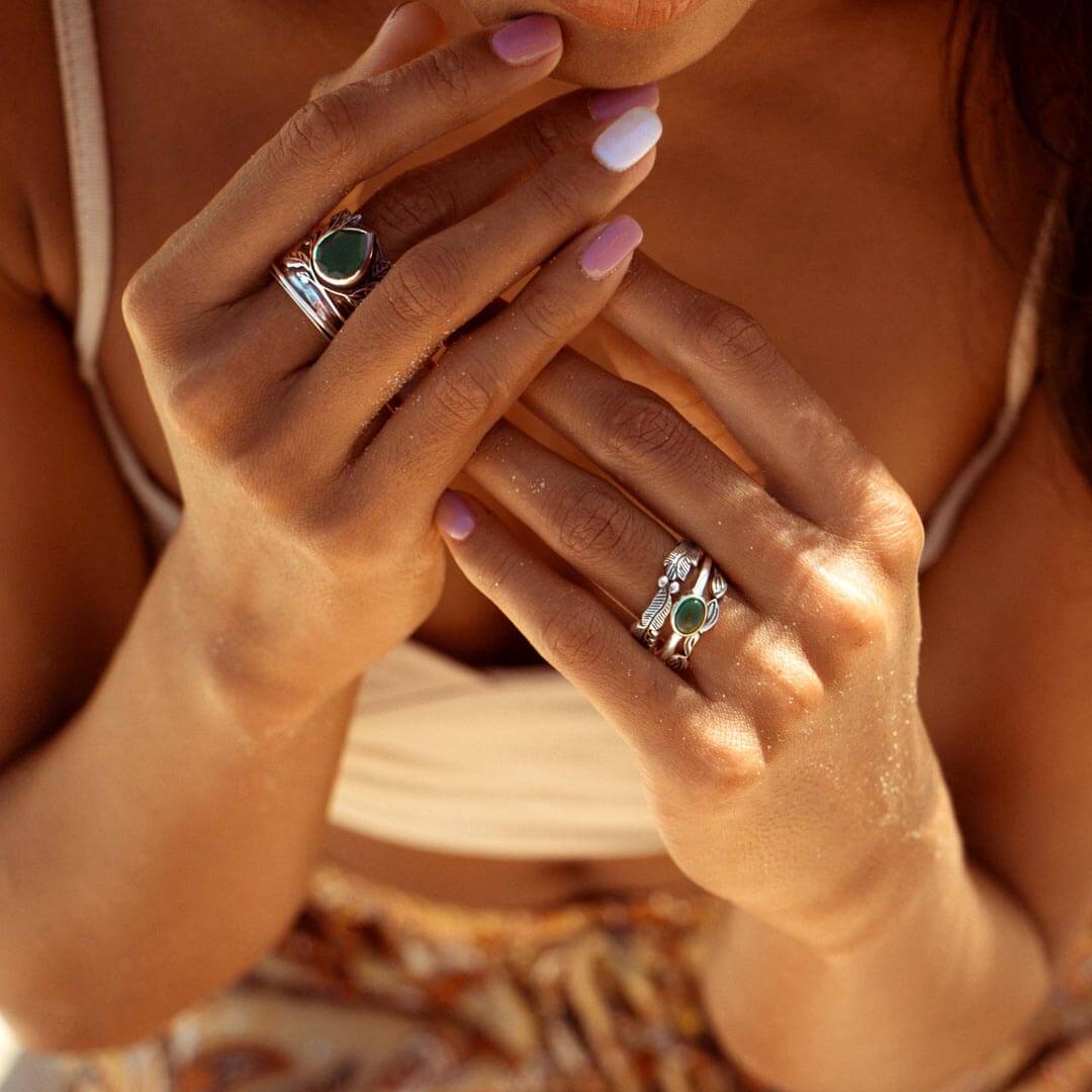 Leaves Stackable Ring Set with Malachite