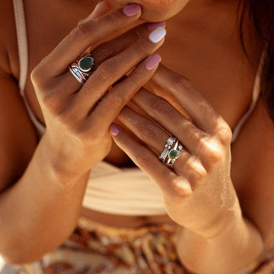 Leaves Stackable Ring Set with Malachite - Boho Magic