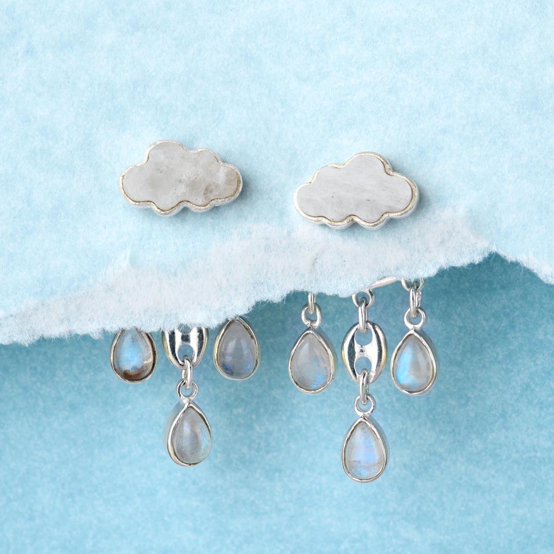 Cloud and Raindrops Moonstone Ear Jacket Earrings