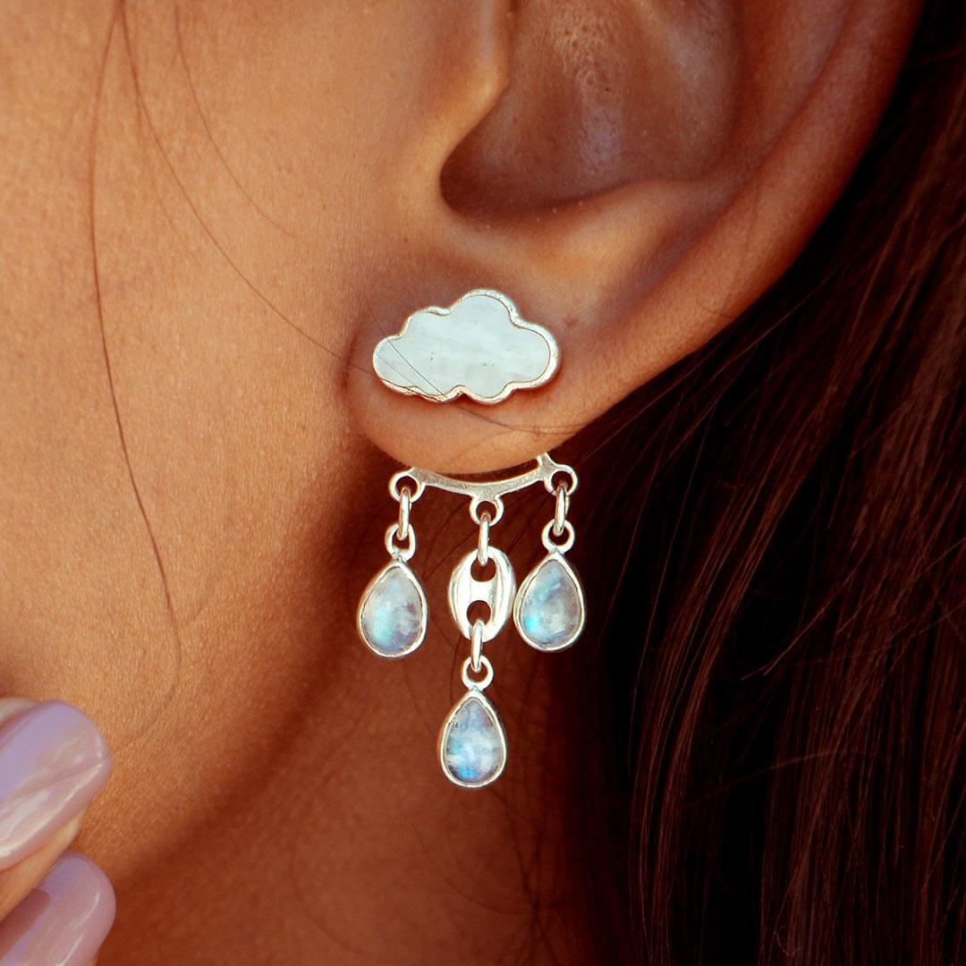 Cloud and Raindrops Moonstone Ear Jacket Earrings