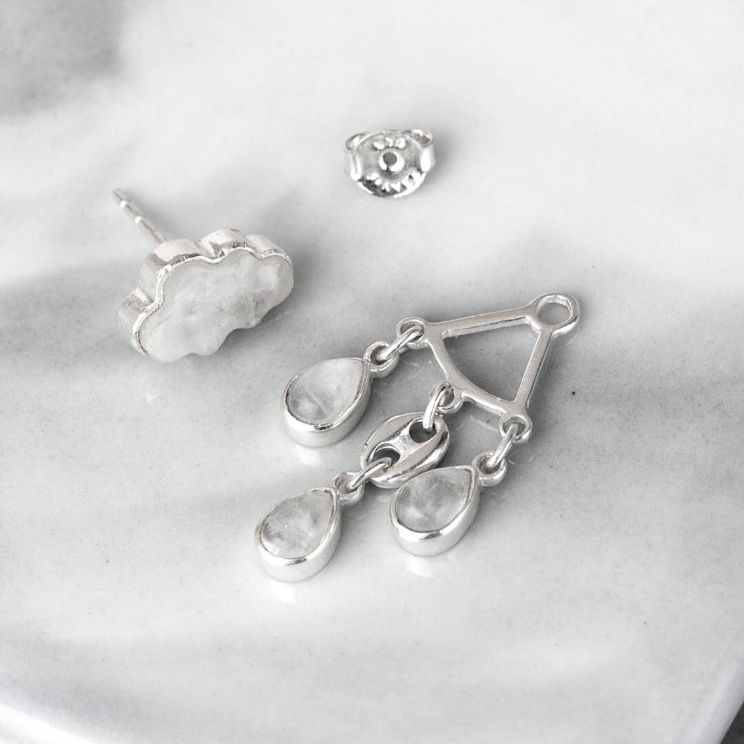 Cloud and Raindrops Moonstone Ear Jacket Earrings