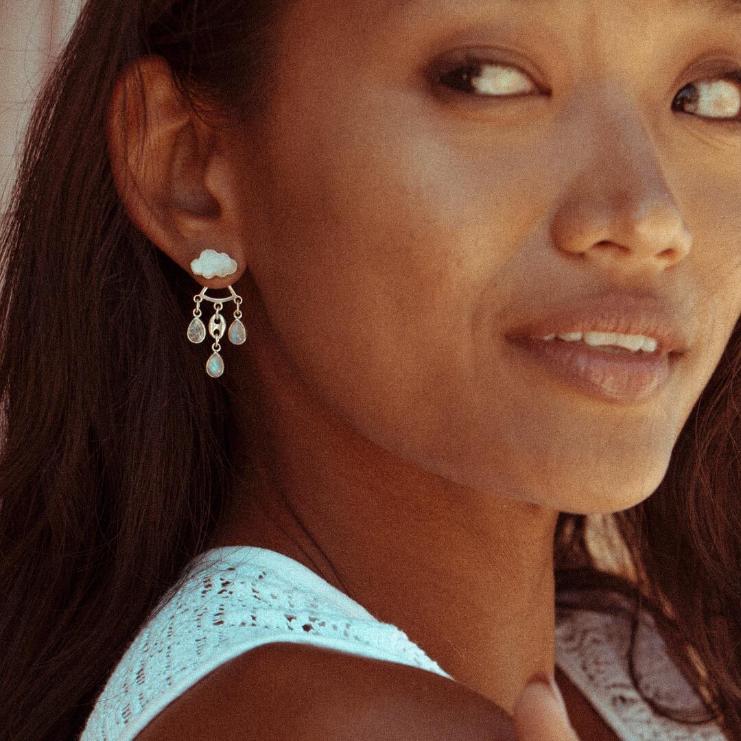 Cloud and Raindrops Moonstone Ear Jacket Earrings