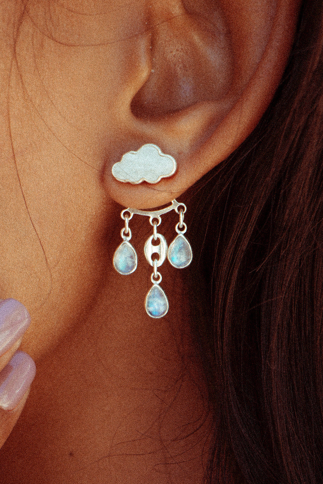 Cloud and Raindrops Moonstone Ear Jacket Earrings