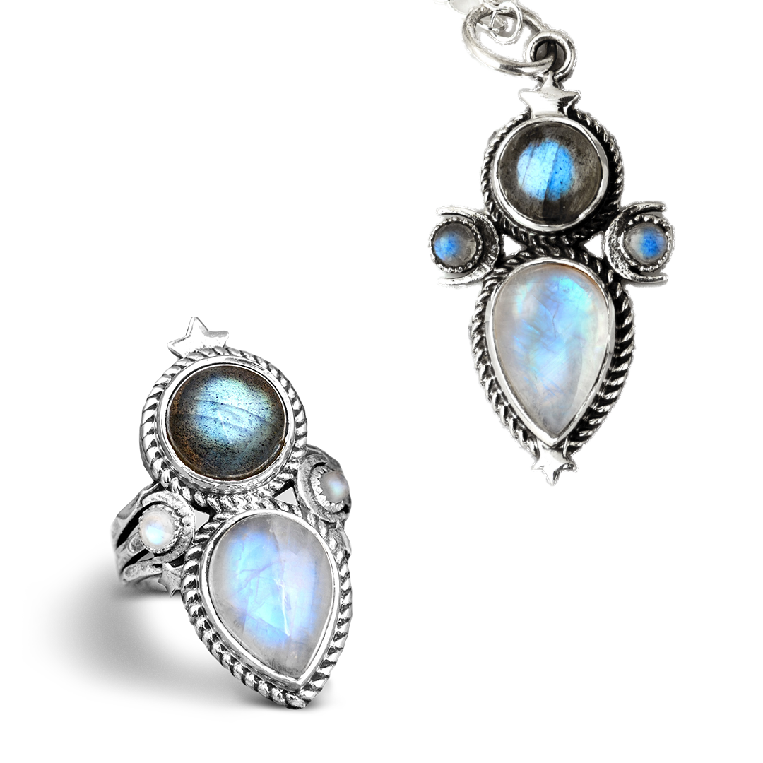 Celestial Moonstone and Labradorite Silver Set