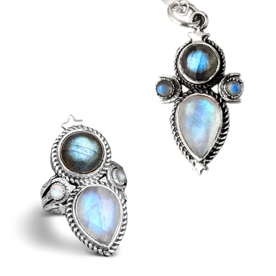 Celestial Moonstone and Labradorite Silver Set - Boho Magic