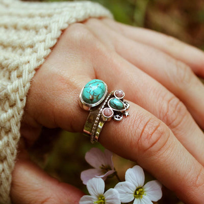 Turquoise and Rhodochrosite Celestial Fidget Ring - Boho Magic