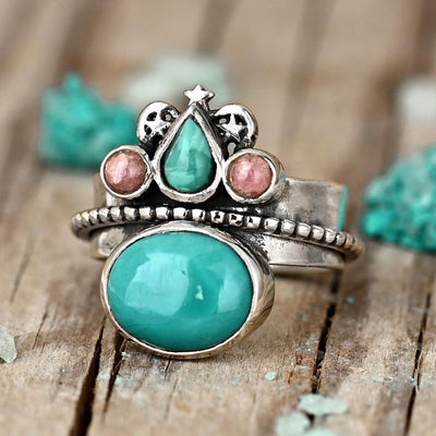 Turquoise and Rhodochrosite Celestial Fidget Ring - Boho Magic