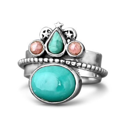 Turquoise and Rhodochrosite Celestial Fidget Ring - Boho Magic