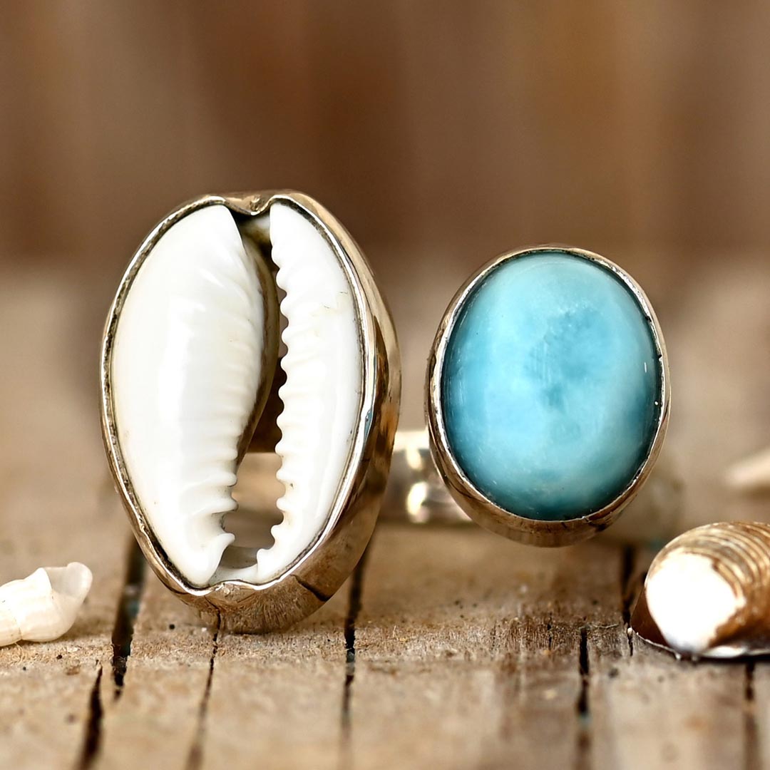 Cowrie Shell and Larimar Ring