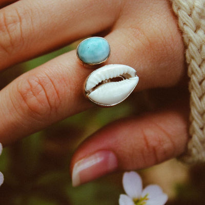 Cowrie Shell and Larimar Ring - Boho Magic