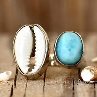 Cowrie Shell and Larimar Ring - Boho Magic