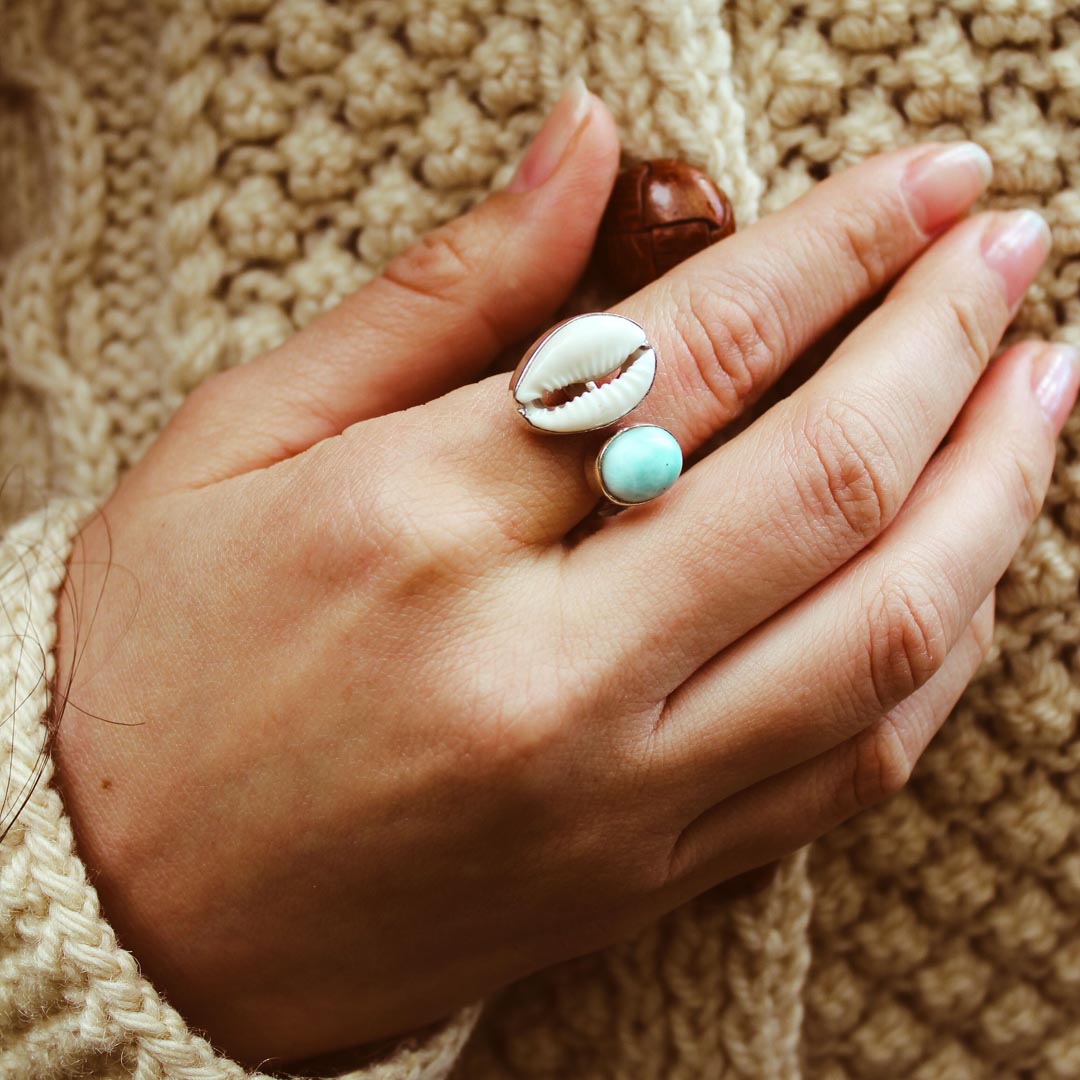 Cowrie Shell and Larimar Ring