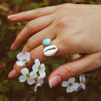 Cowrie Shell and Larimar Ring - Boho Magic