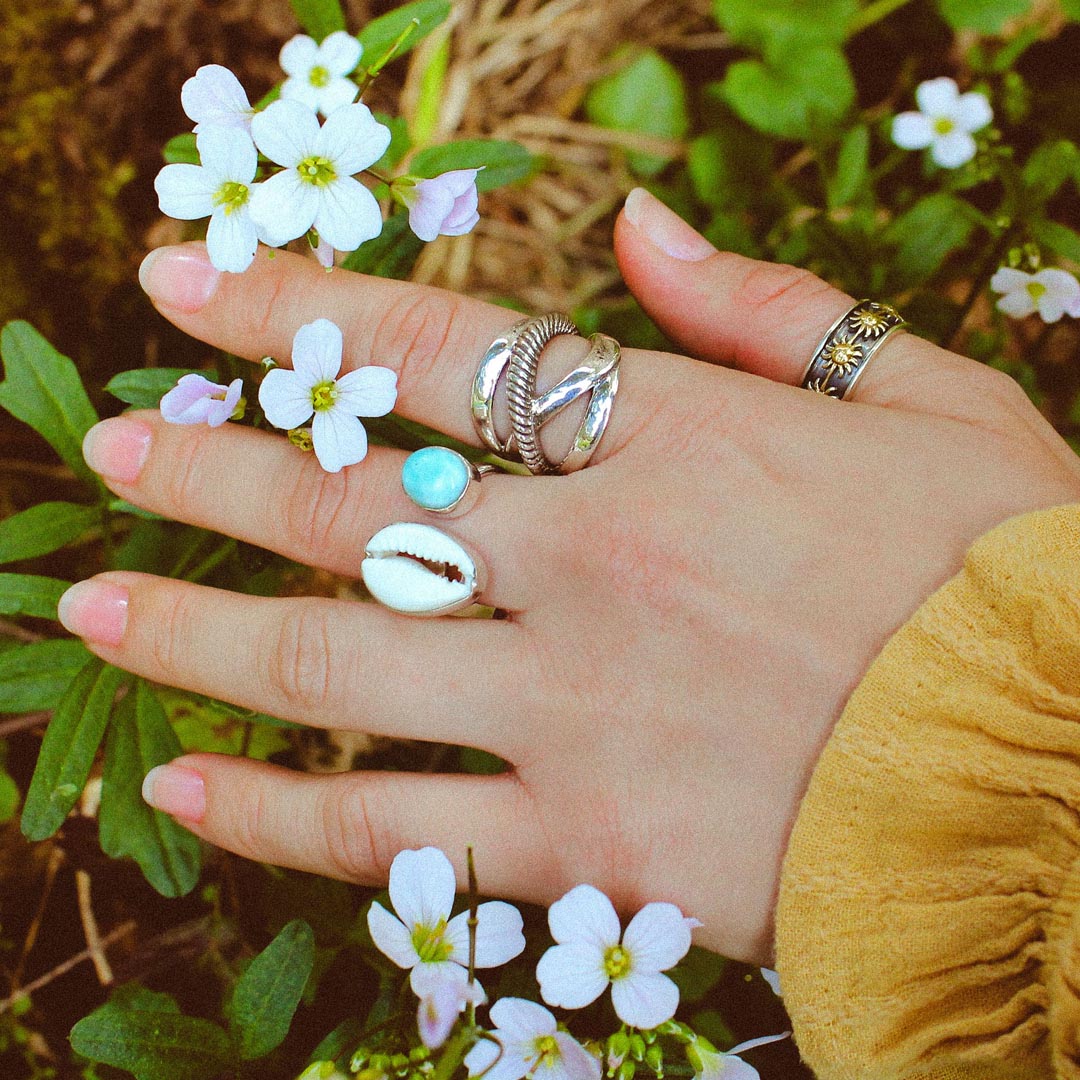 Cowrie Shell and Larimar Ring