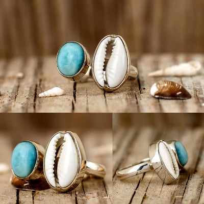 Cowrie Shell and Larimar Ring - Boho Magic