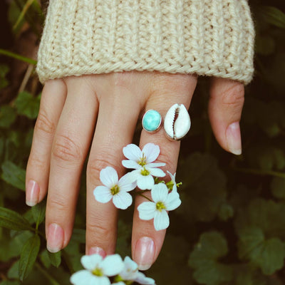 Cowrie Shell and Larimar Ring - Boho Magic