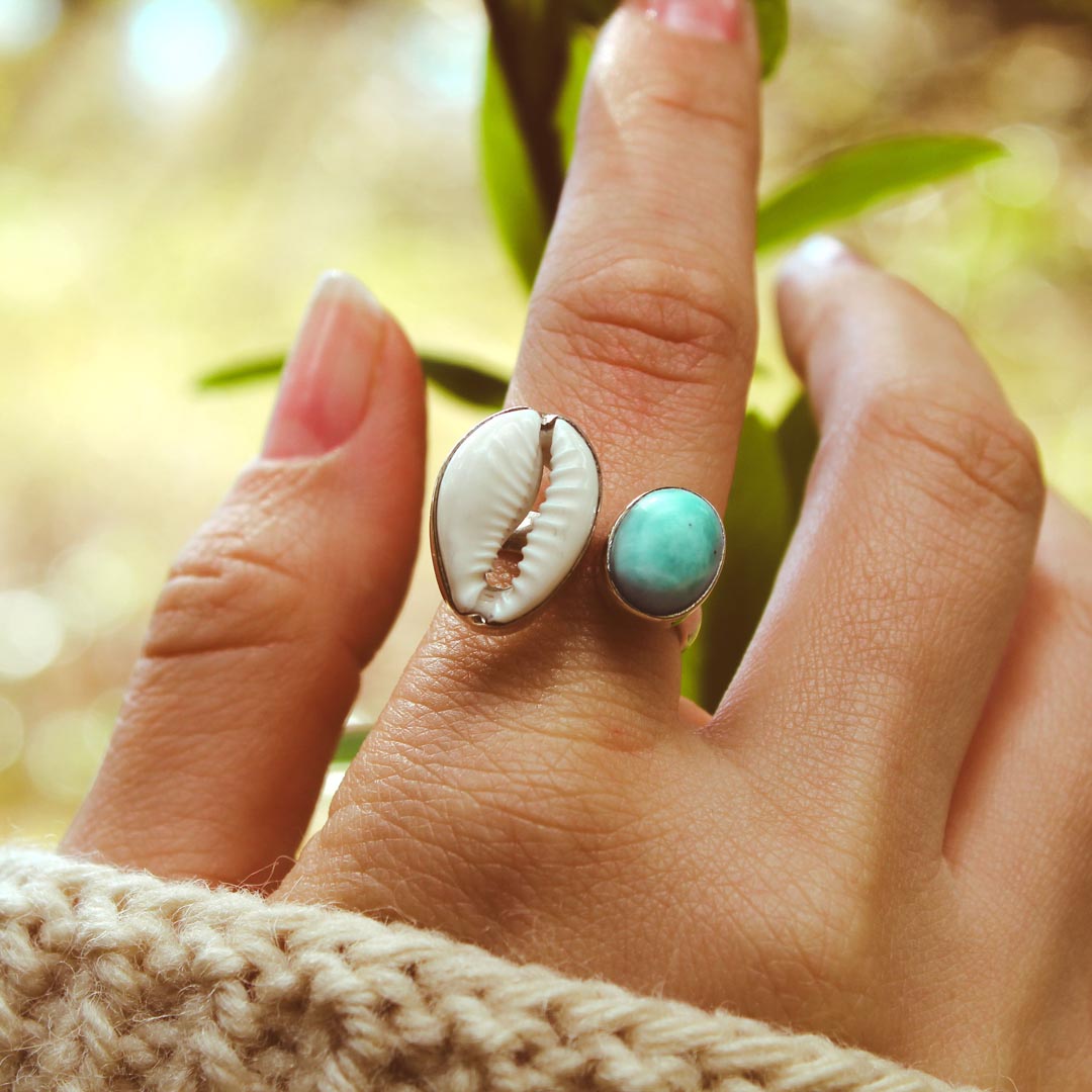 Cowrie Shell and Larimar Ring