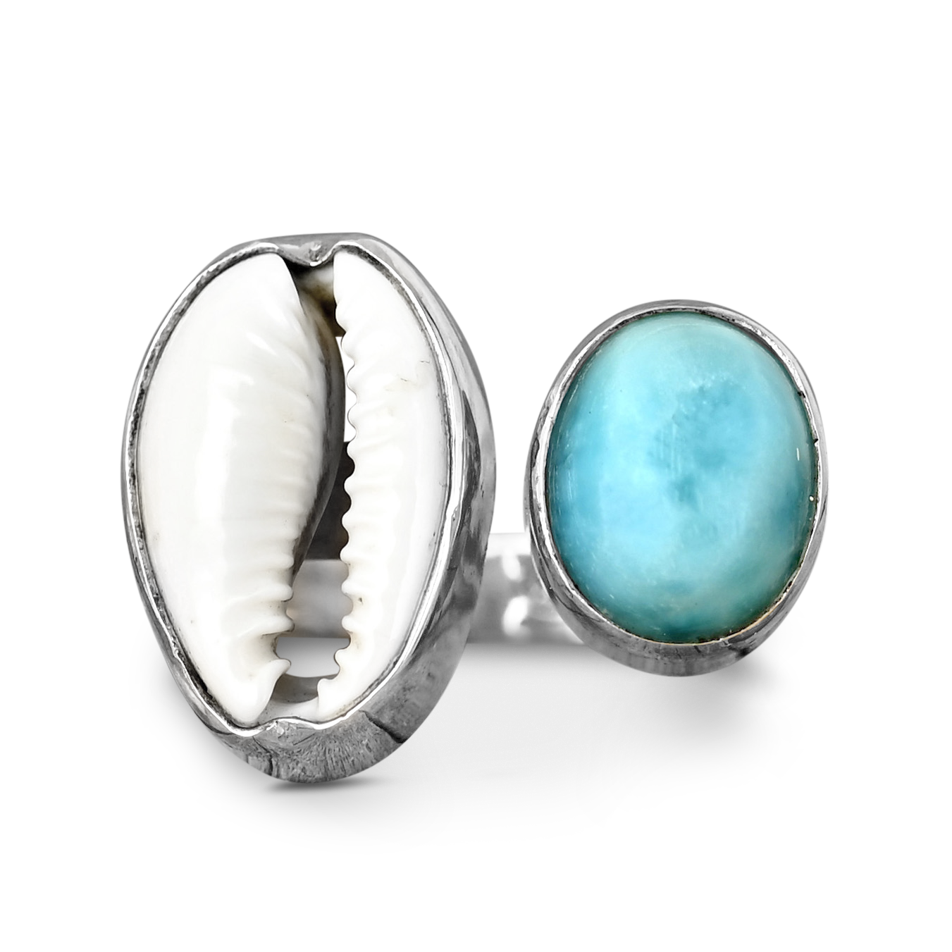 Cowrie Shell and Larimar Ring