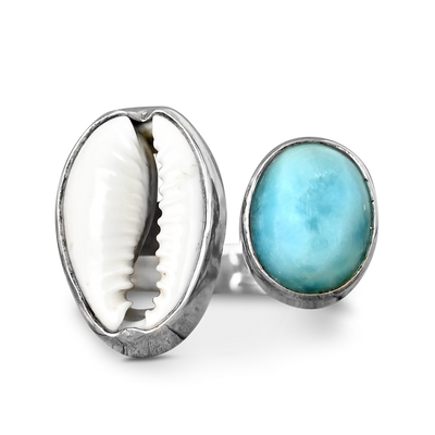 Cowrie Shell and Larimar Ring - Boho Magic