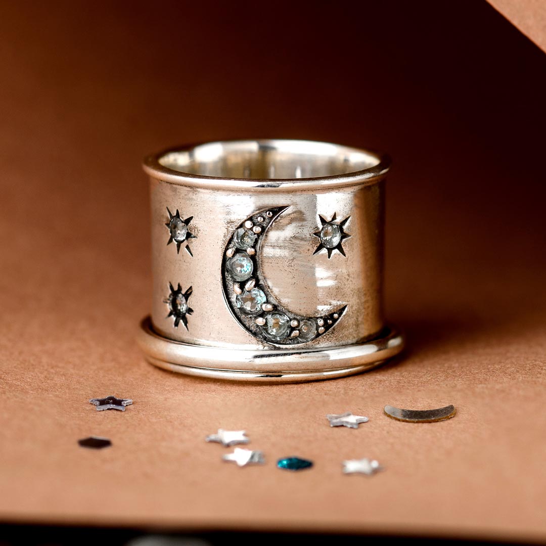 Aquamarine Stars and Moon Fidget Ring