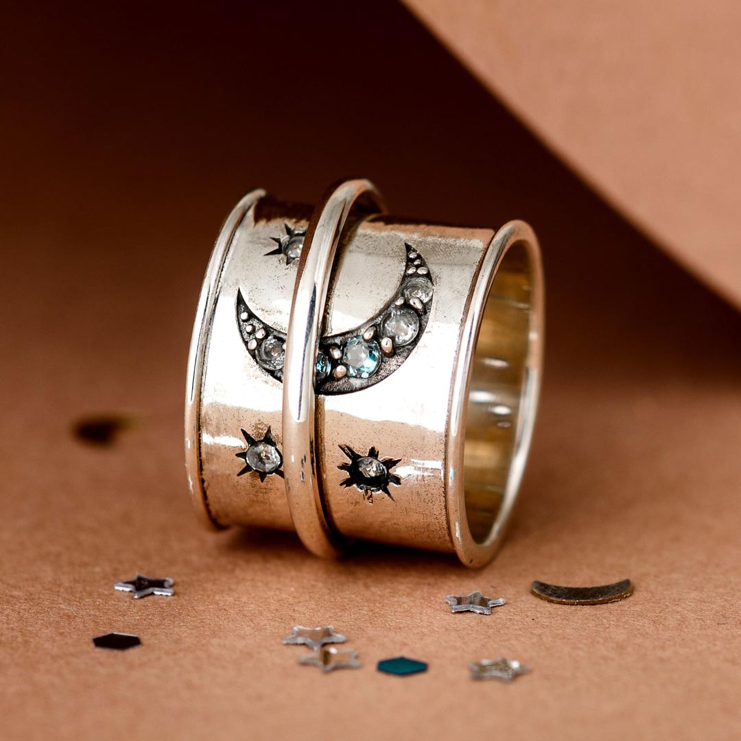 Aquamarine Stars and Moon Fidget Ring