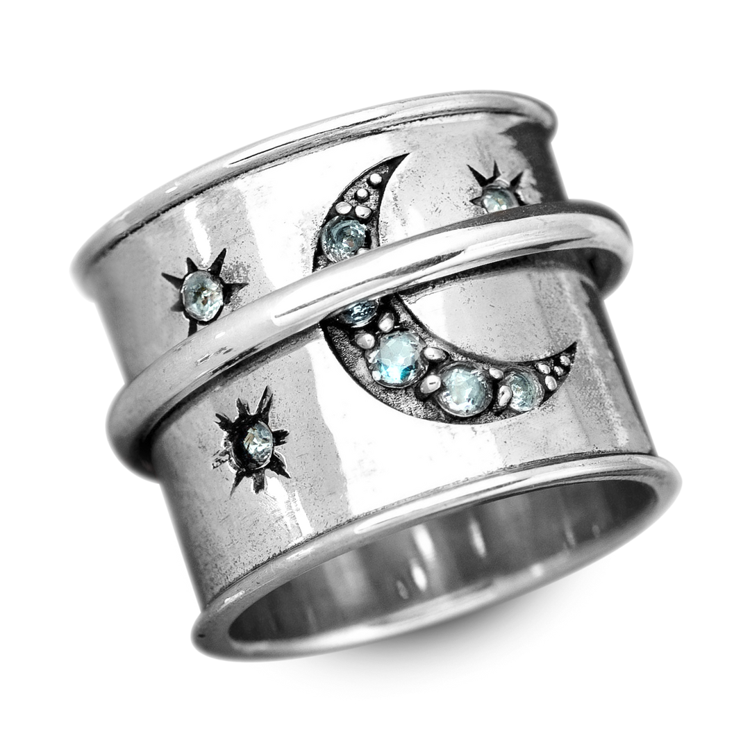 Aquamarin Sterne und Mond Fidget Ring