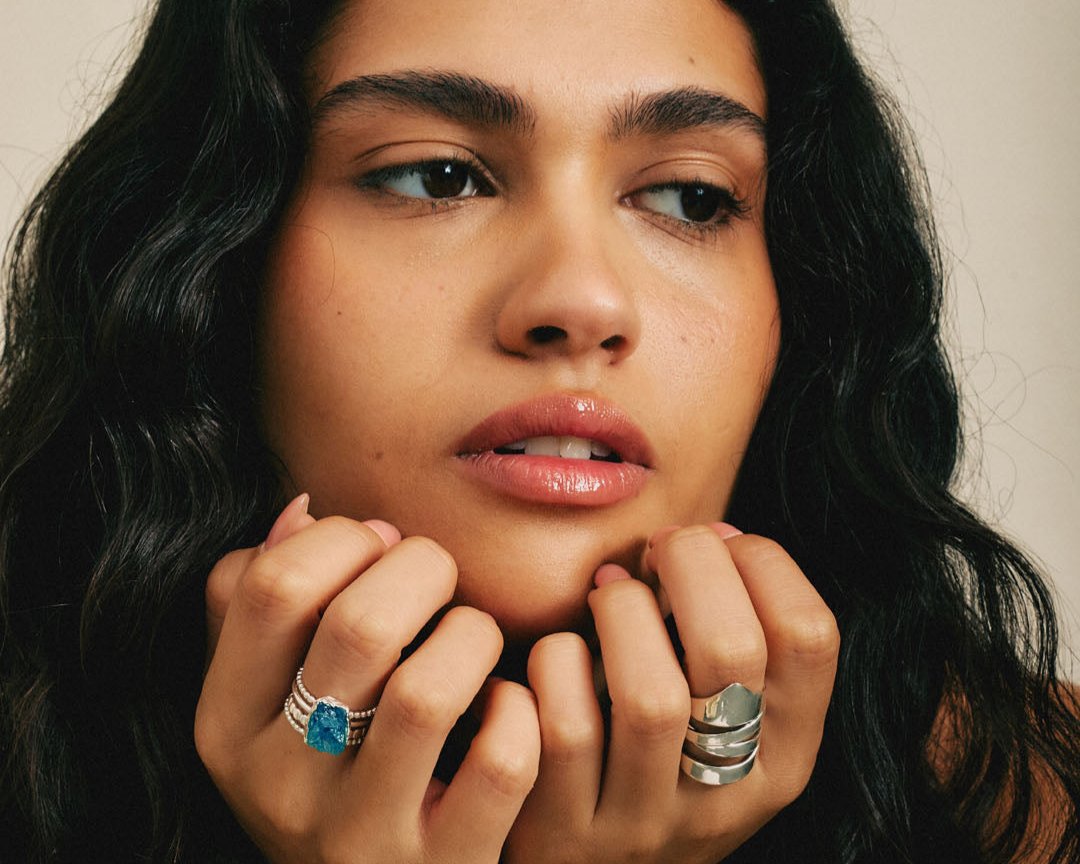 Raw Apatite Silver Stacking Ring Set