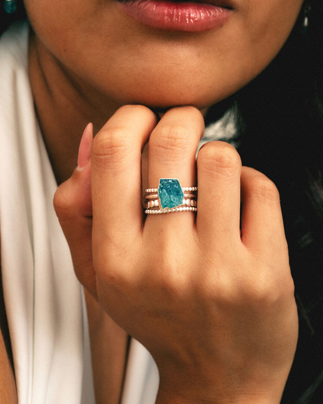 Raw Apatite Silver Stacking Ring Set